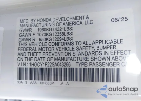 2025 Honda Accord Lx from USA, damaged, VIN 1HGCY1F22SA043256